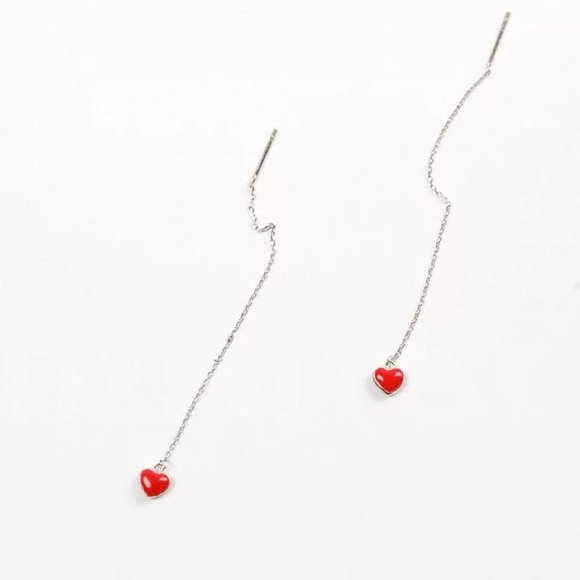 14k Gold Heart Chain Threader Earrings Sterling Silver - Picture 6 of 9